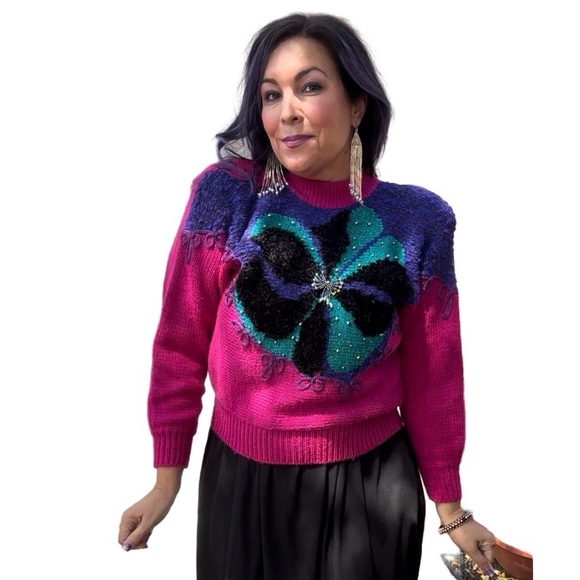 Vintage Jaclyn Smith Beaded Sweater M Fuchsia Black Green Purple Acrylic Nylon - Picture 2 of 11
